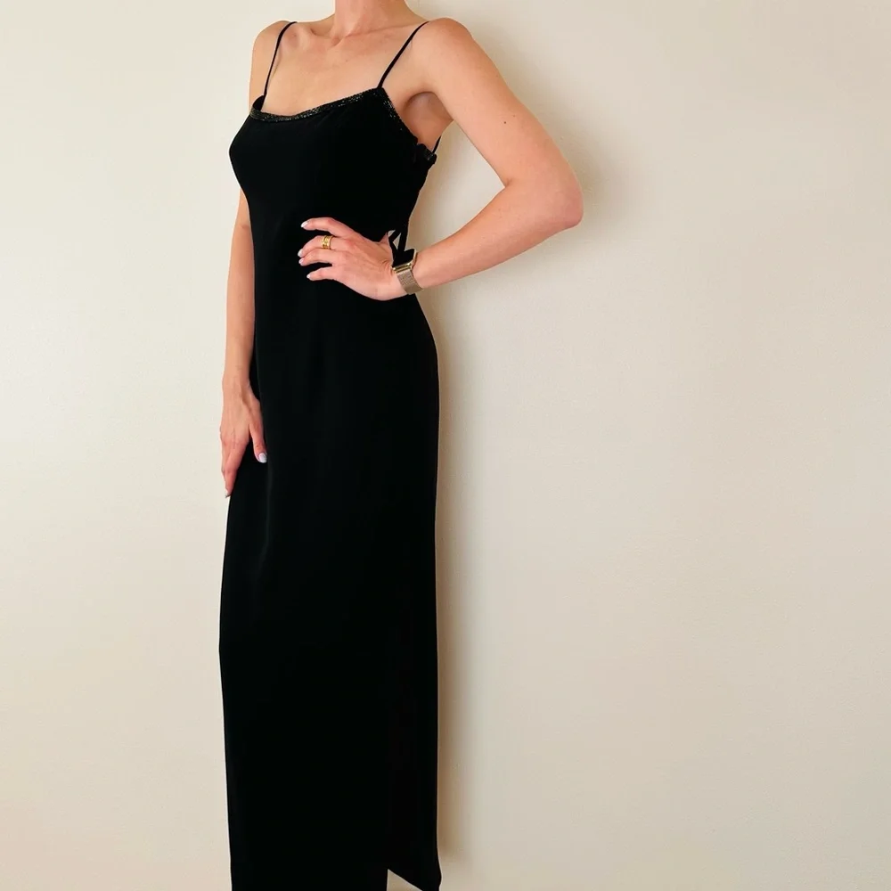 Vintage Lillie Rubin black embellished maxi open back party evening gown dress